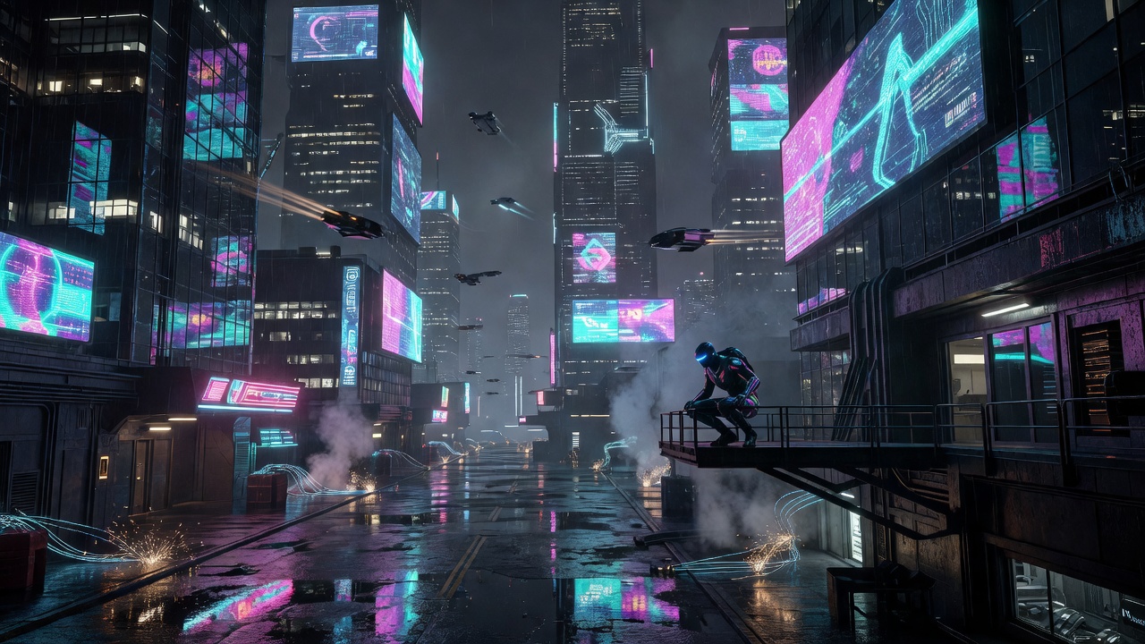 Cyberpunk-tyylinen peliympäristö ja kehittynyt tietokonegrafiikka